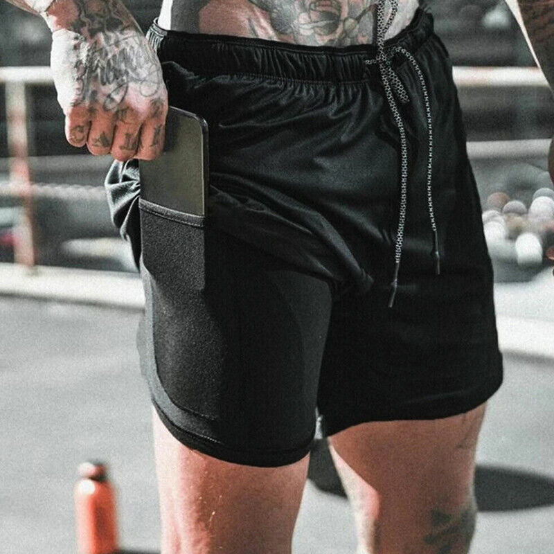 Mens Sports Shorts Gym Training Double Layer With Pocket