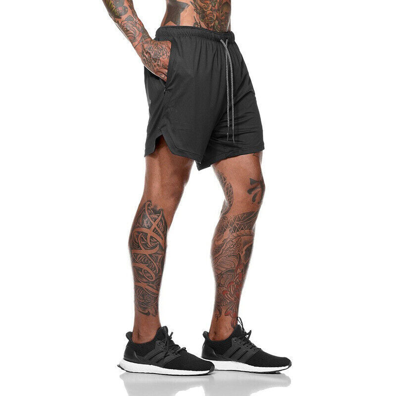 Mens Sports Shorts Gym Training Double Layer With Pocket
