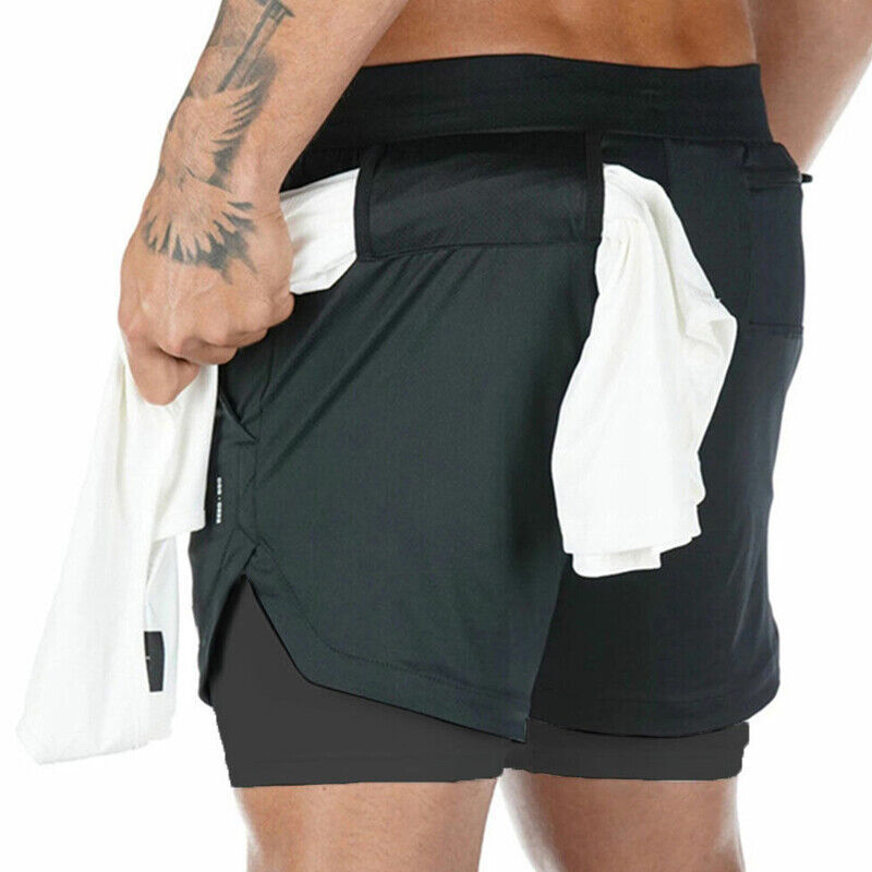 Mens Sports Shorts Gym Training Double Layer With Pocket