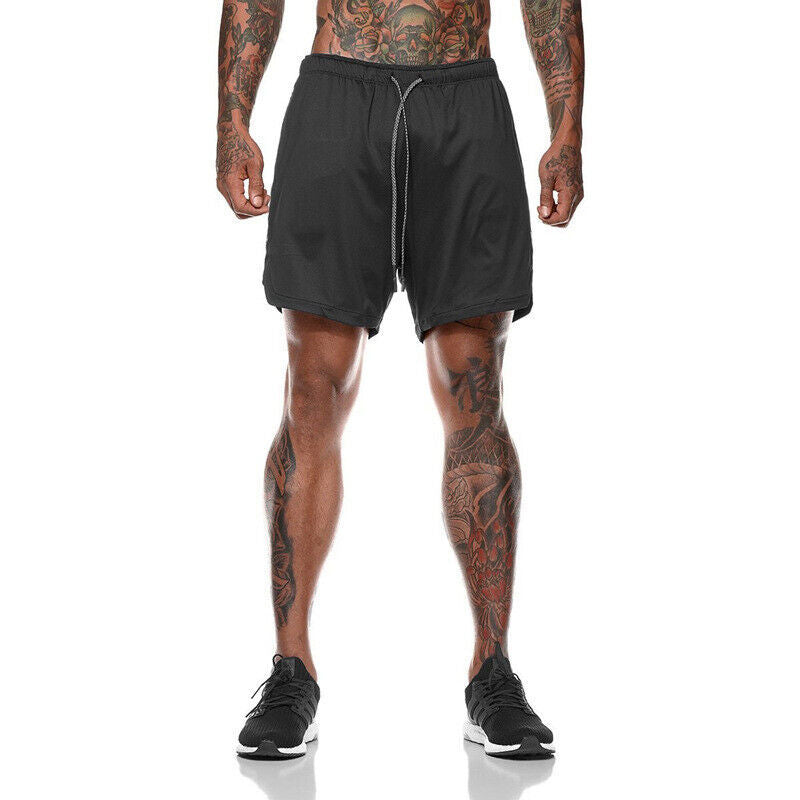 Mens Sports Shorts Gym Training Double Layer With Pocket